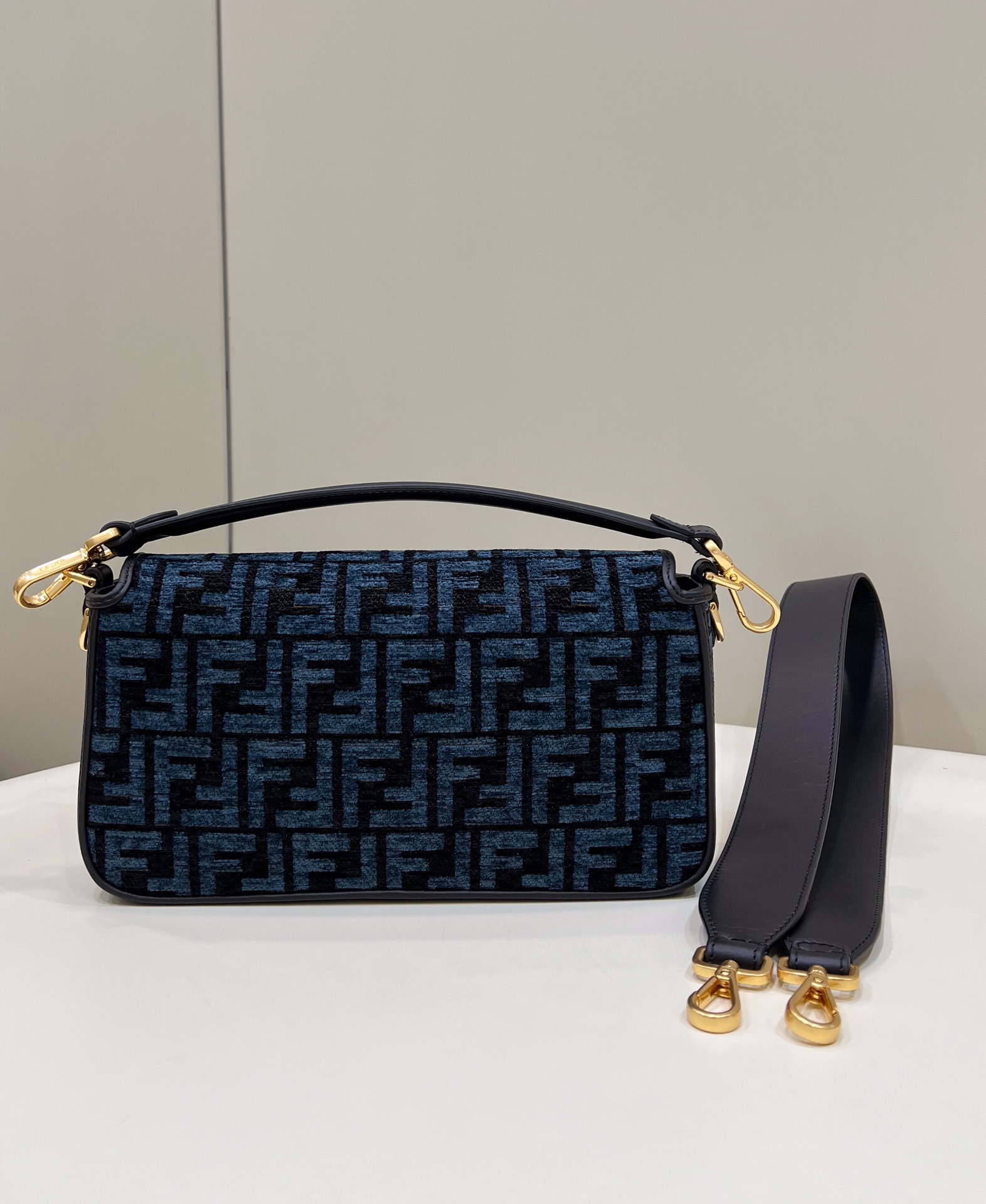 Fendi Medium Baguette FF Chenille Shoulder Bag Dark Blue